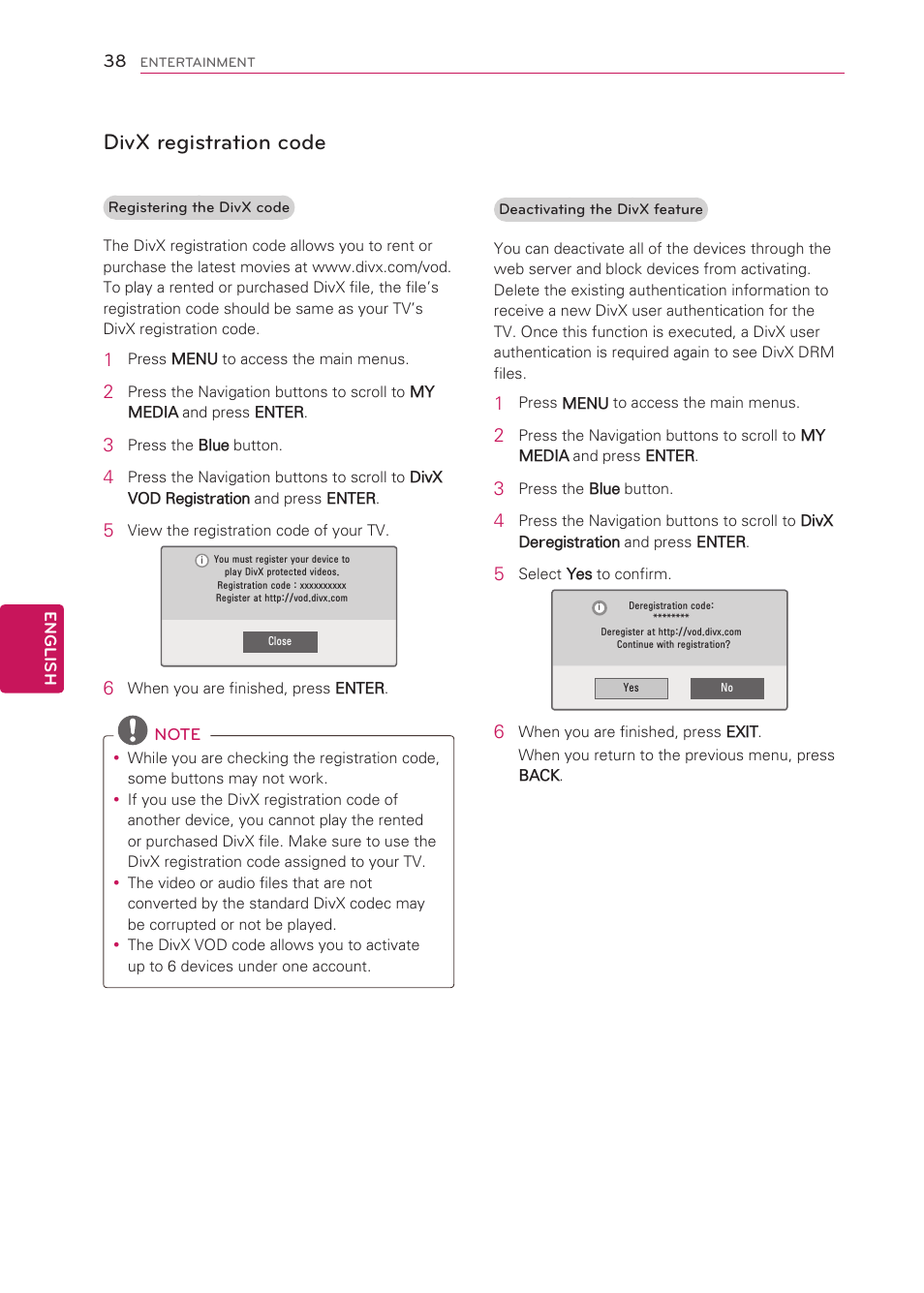 Divx registration code | LG 42CS570 User Manual | Page 38 / 79