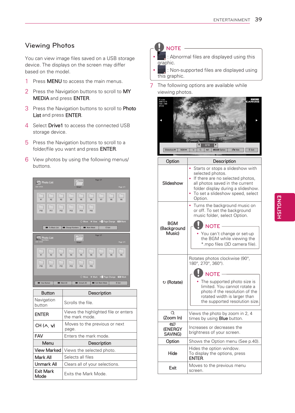 Viewing photos, English, Press menu to access the main menus | View photos by using the following menus/ buttons | LG 42CS570 User Manual | Page 39 / 79