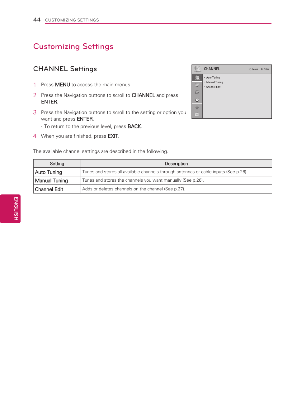 Customizing settings, Channel settings | LG 42CS570 User Manual | Page 44 / 79