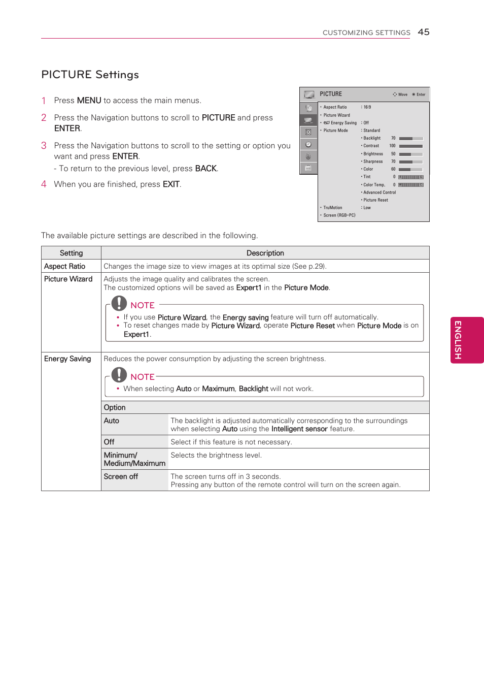 Picture settings, See p.45), English | Press menu to access the main menus | LG 42CS570 User Manual | Page 45 / 79