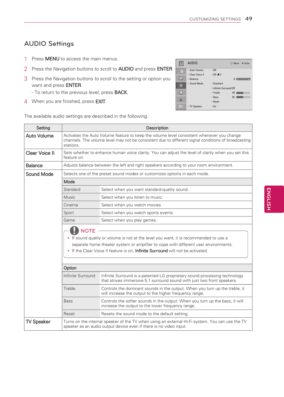 Audio settings, English | LG 42CS570 User Manual | Page 49 / 79