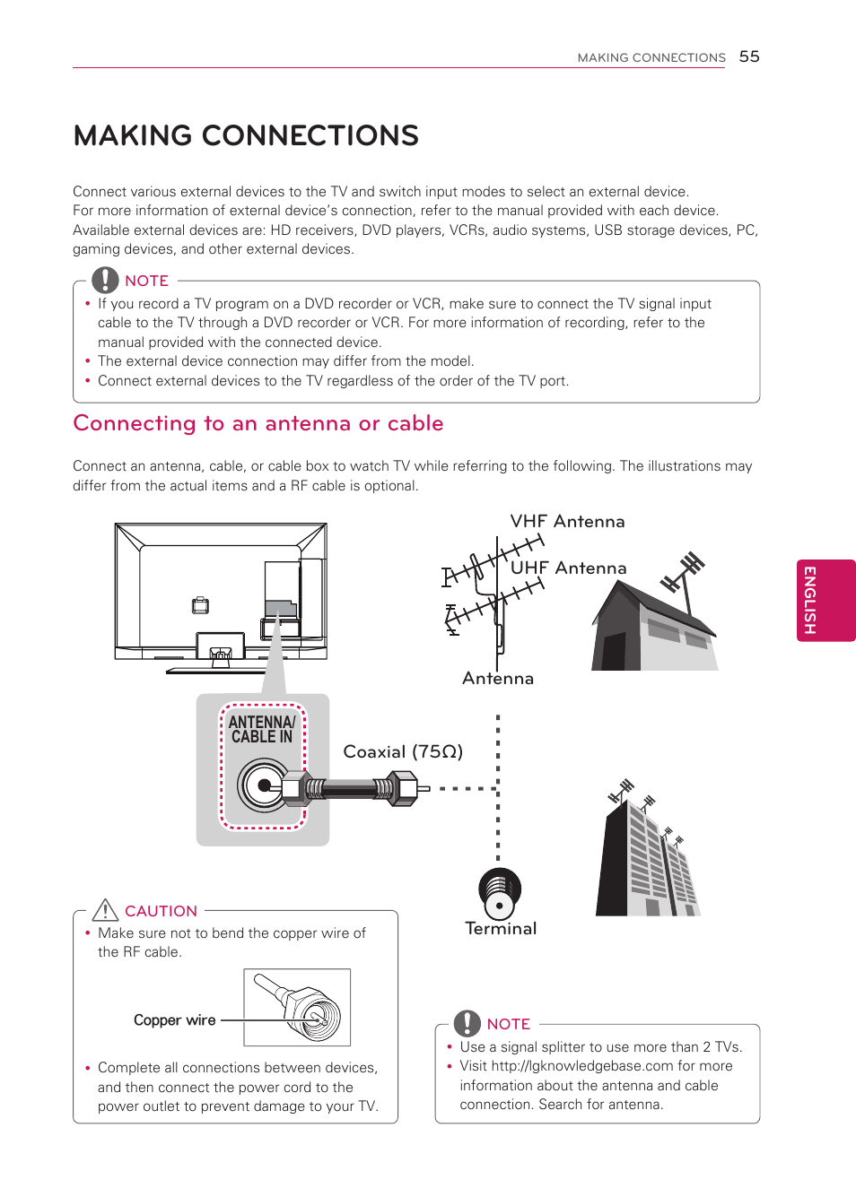 Making connections, Connecting to an antenna or cable, 55 making connections | LG 42CS570 User Manual | Page 55 / 79