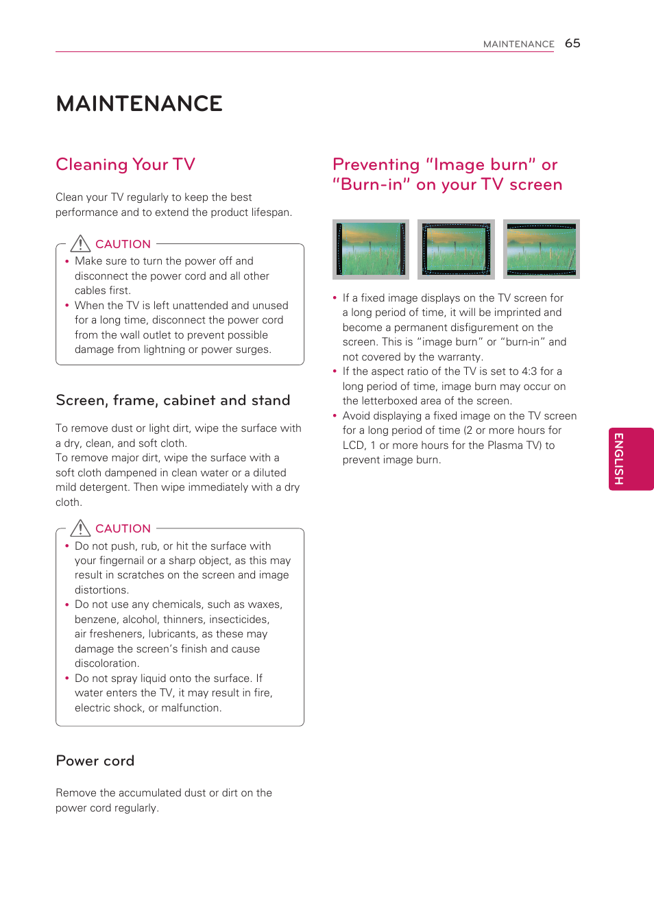 Maintenance, Cleaning your tv, Screen, frame, cabinet and stand | Power cord, 65 maintenance | LG 42CS570 User Manual | Page 65 / 79