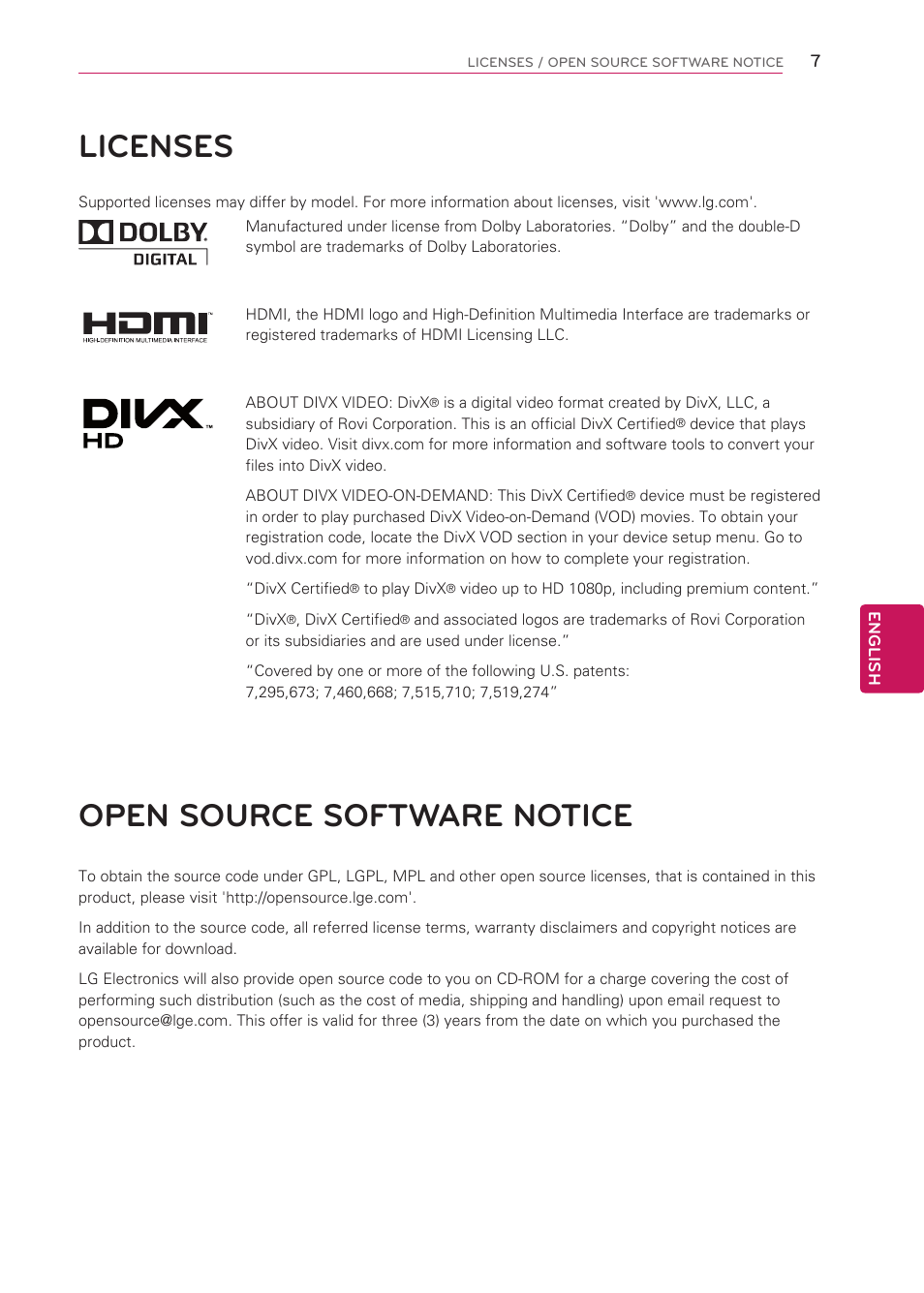 Licenses, Open source software notice | LG 42CS570 User Manual | Page 7 / 79