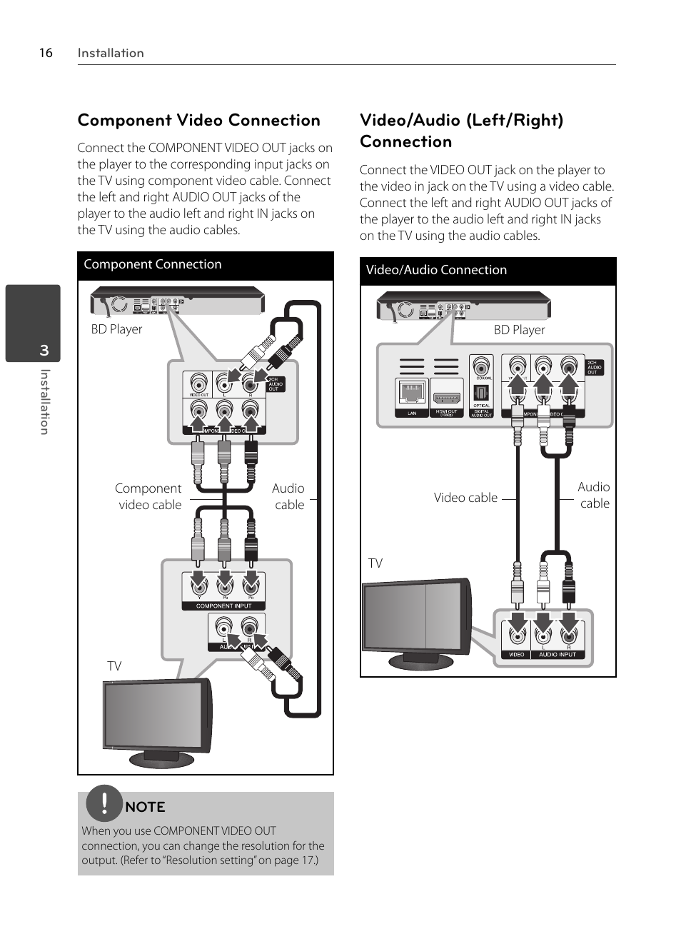 Component video connection, Video/audio (left/right) connection | LG BX580 User Manual | Page 16 / 96