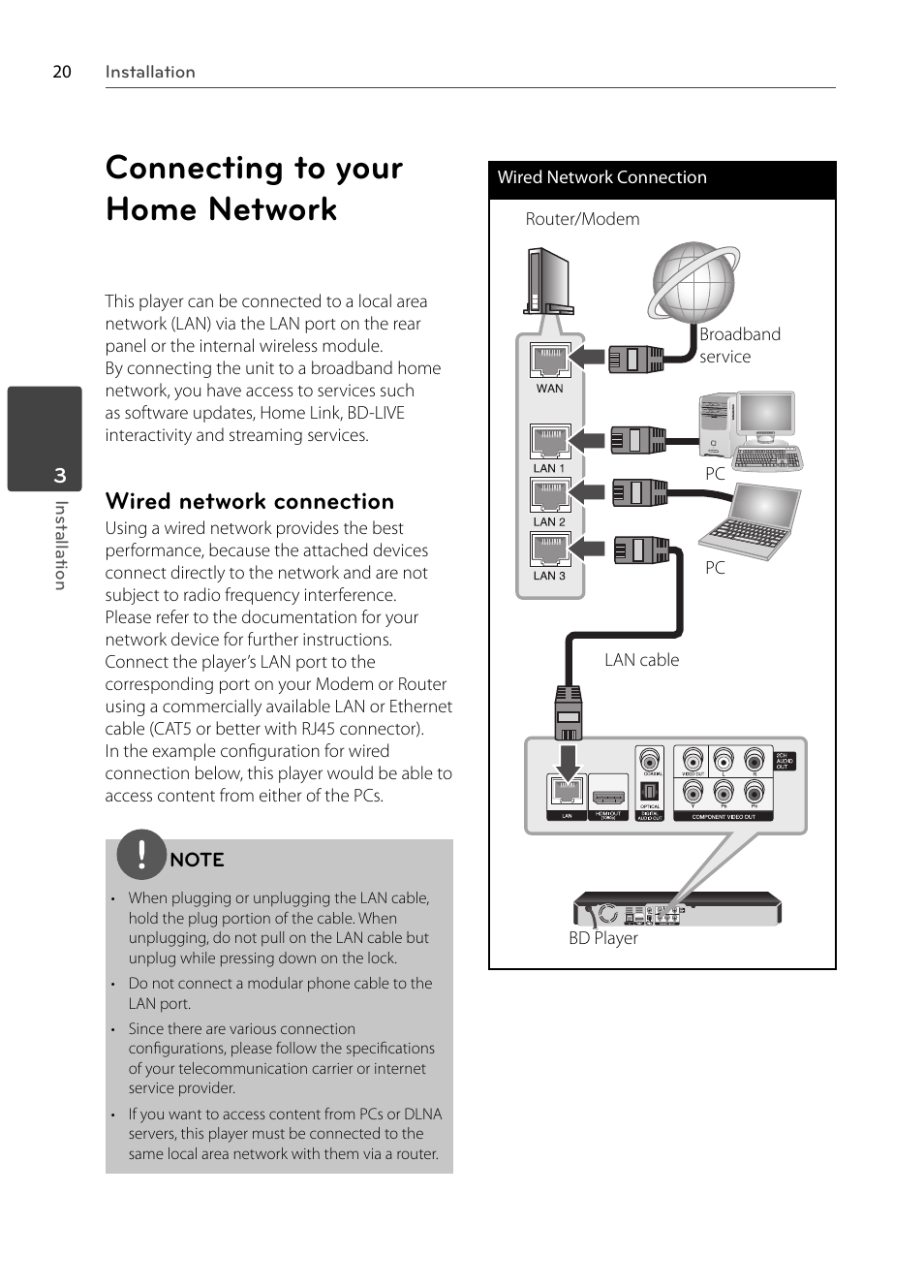 Connecting to your home network, Wired network connection | LG BX580 User Manual | Page 20 / 96