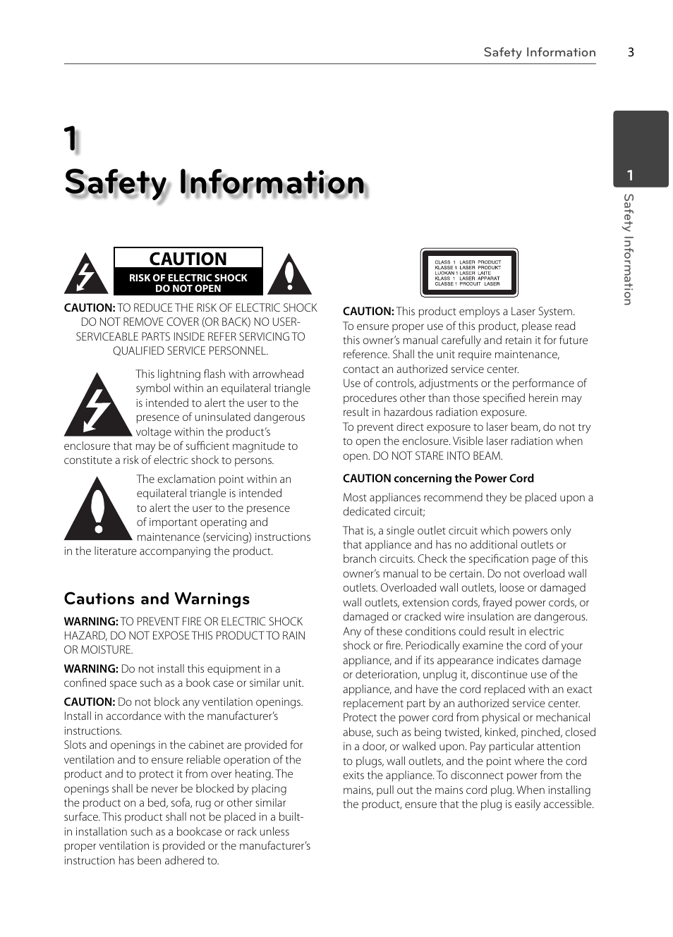 1 safety information, Caution, Cautions and warnings | LG BX580 User Manual | Page 3 / 96