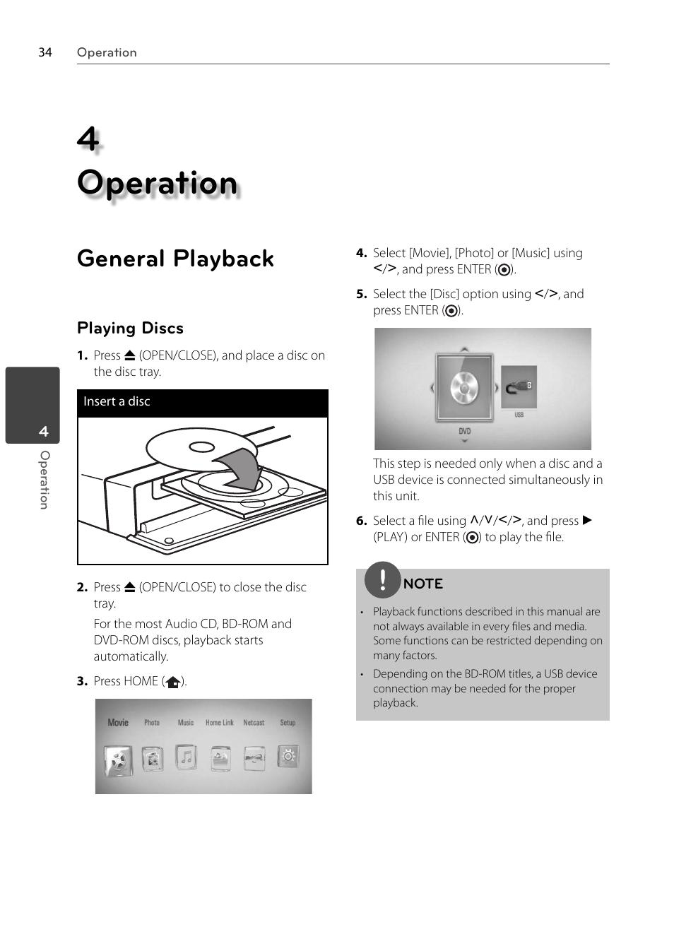 4 operation, General playback, Playing discs | LG BX580 User Manual | Page 34 / 96