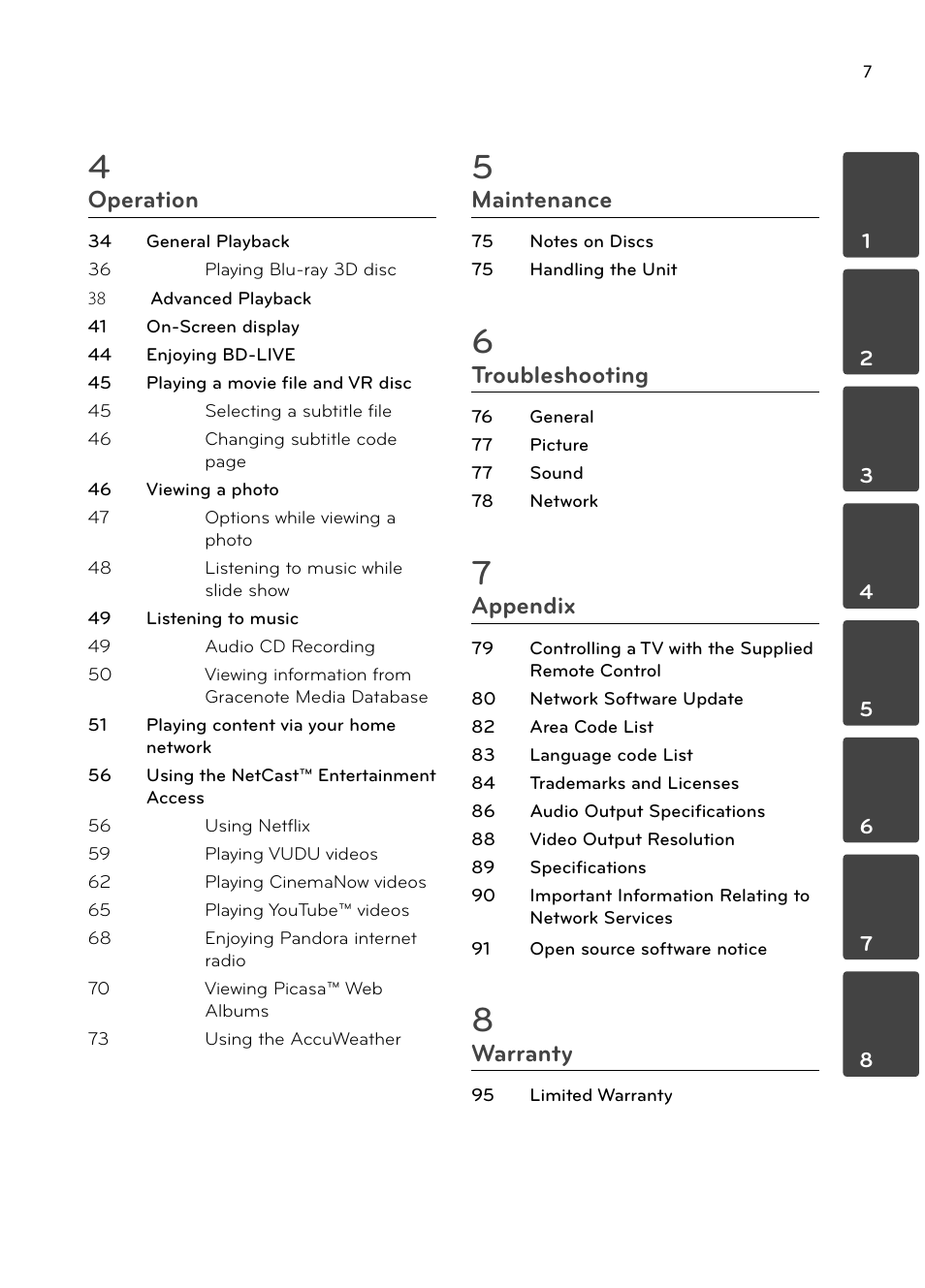 Operation, Maintenance, Troubleshooting | Appendix, Warranty | LG BX580 User Manual | Page 7 / 96