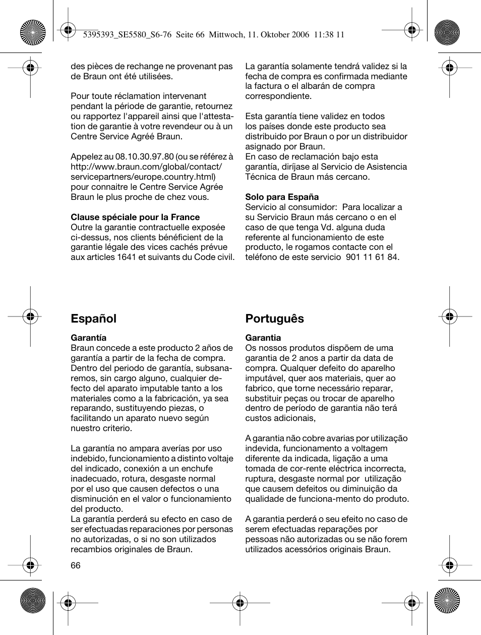 Español, Português | Braun 5580 Silk-épil X'elle User Manual | Page 65 / 68