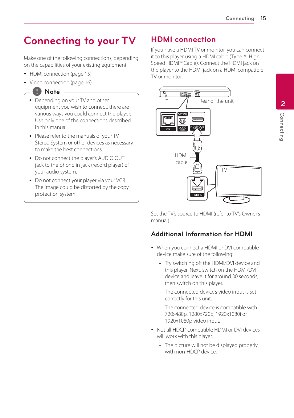 2 connecting, Connecting to your tv, Hdmi connection | 15 – hdmi connection | LG BP620 User Manual | Page 15 / 68