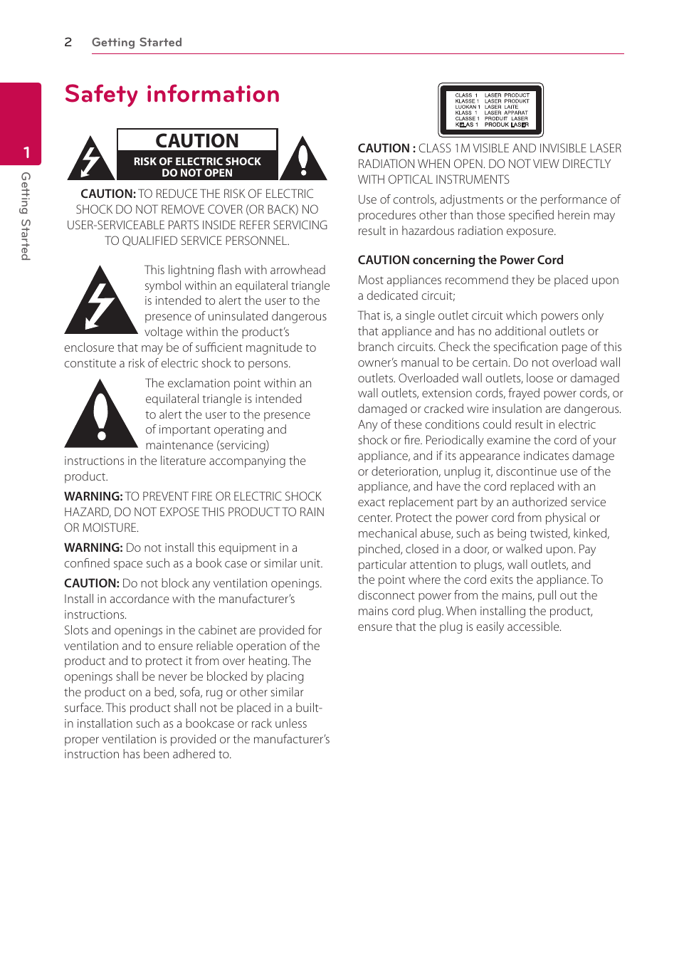 Safety information, Caution | LG BP620 User Manual | Page 2 / 68