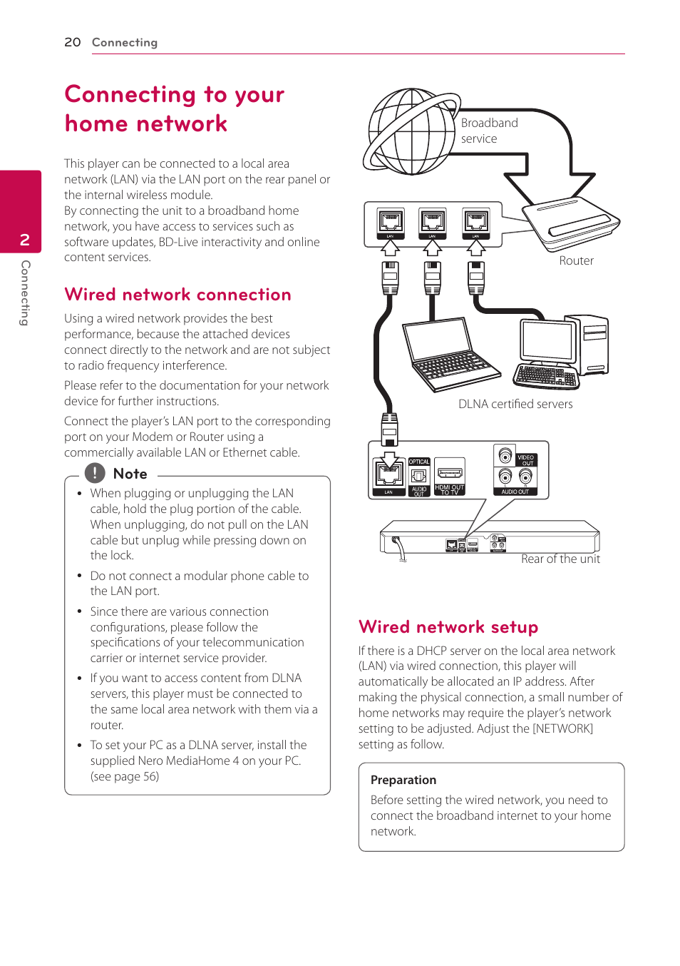 Connecting to your home network, Wired network connection, Wired network setup | LG BP620 User Manual | Page 20 / 68