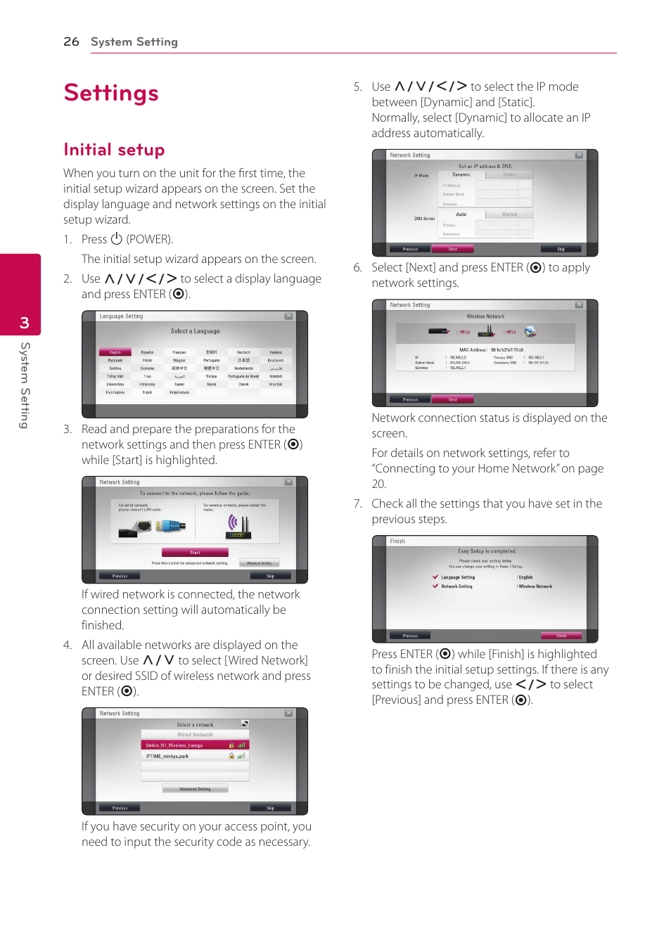 3 system setting, Settings, Initial setup | 26 settings 26 – initial setup | LG BP620 User Manual | Page 26 / 68