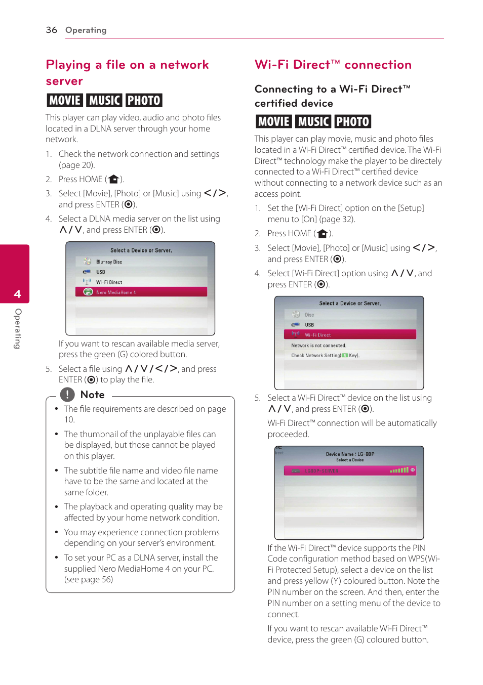 Playing a file on a network server, Wi-fi direct™ connection, Playing a file on a network server yui | LG BP620 User Manual | Page 36 / 68