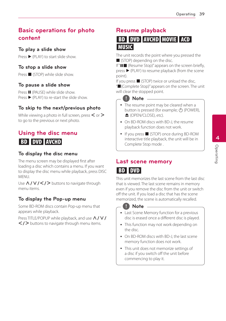 Basic operations for photo content, Using the disc menu, Resume playback | Last scene memory, Using the disc menu ero, Resume playback eroyt u | LG BP620 User Manual | Page 39 / 68