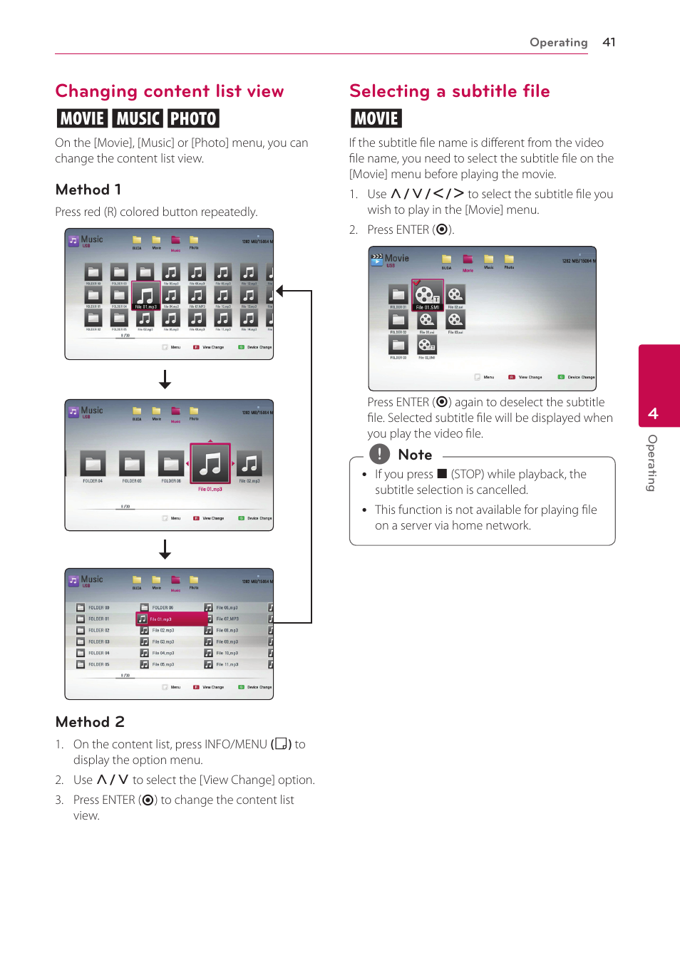 Changing content list view, Selecting a subtitle file, Changing content list view yui | Selecting a subtitle file y | LG BP620 User Manual | Page 41 / 68