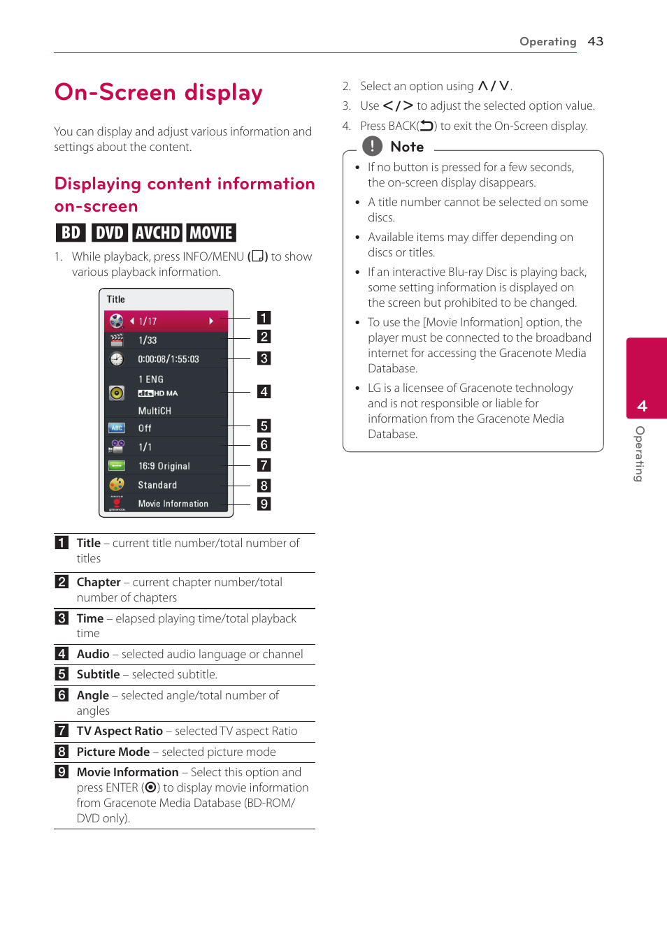 On-screen display, Displaying content information on-screen, Screen | Displaying content information on-screen eroy | LG BP620 User Manual | Page 43 / 68