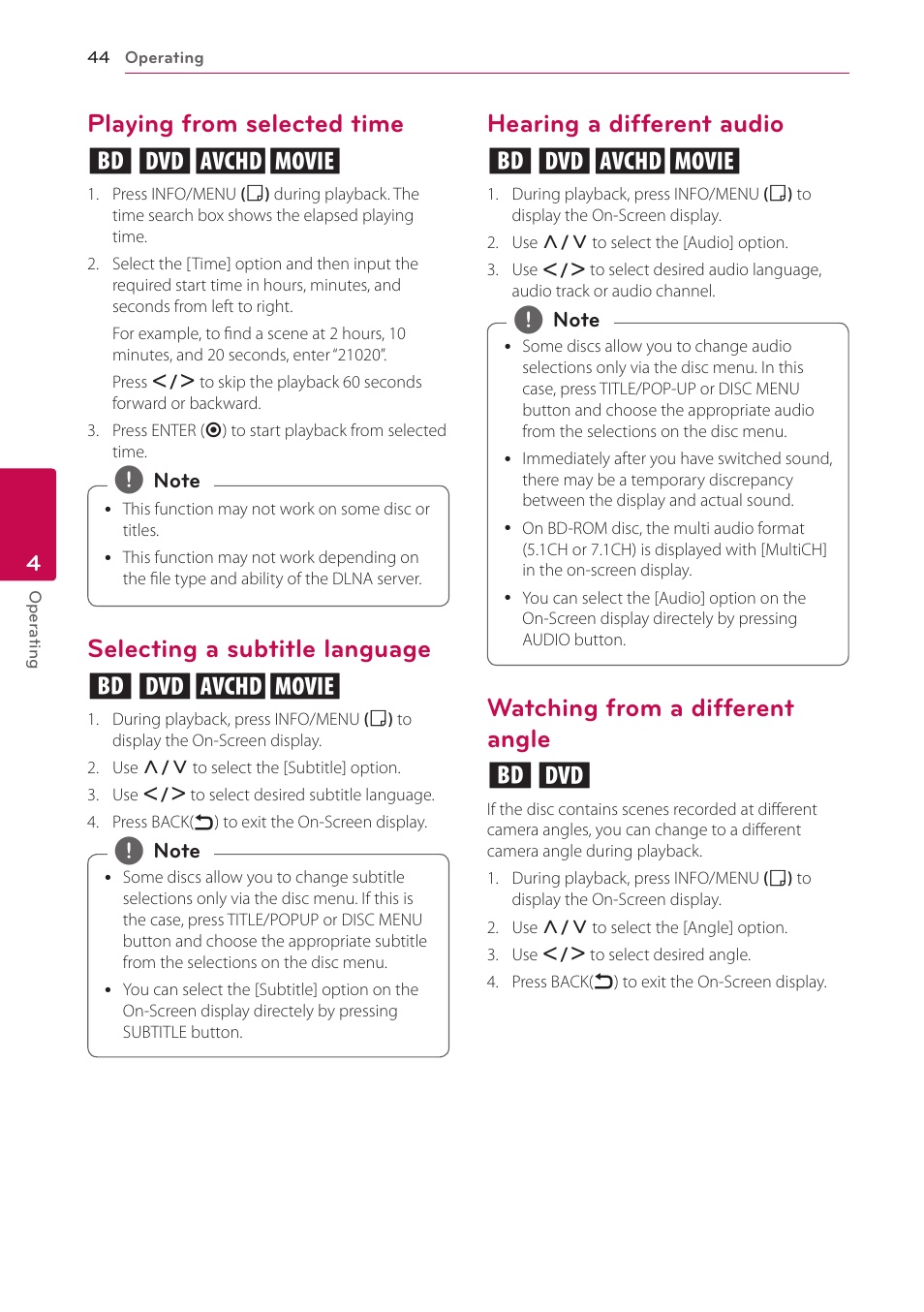 Playing from selected time, Selecting a subtitle language, Hearing a different audio | Watching from a different angle, Playing from selected time eroy, Selecting a subtitle language eroy, Hearing a different audio eroy, Watching from a different angle er | LG BP620 User Manual | Page 44 / 68