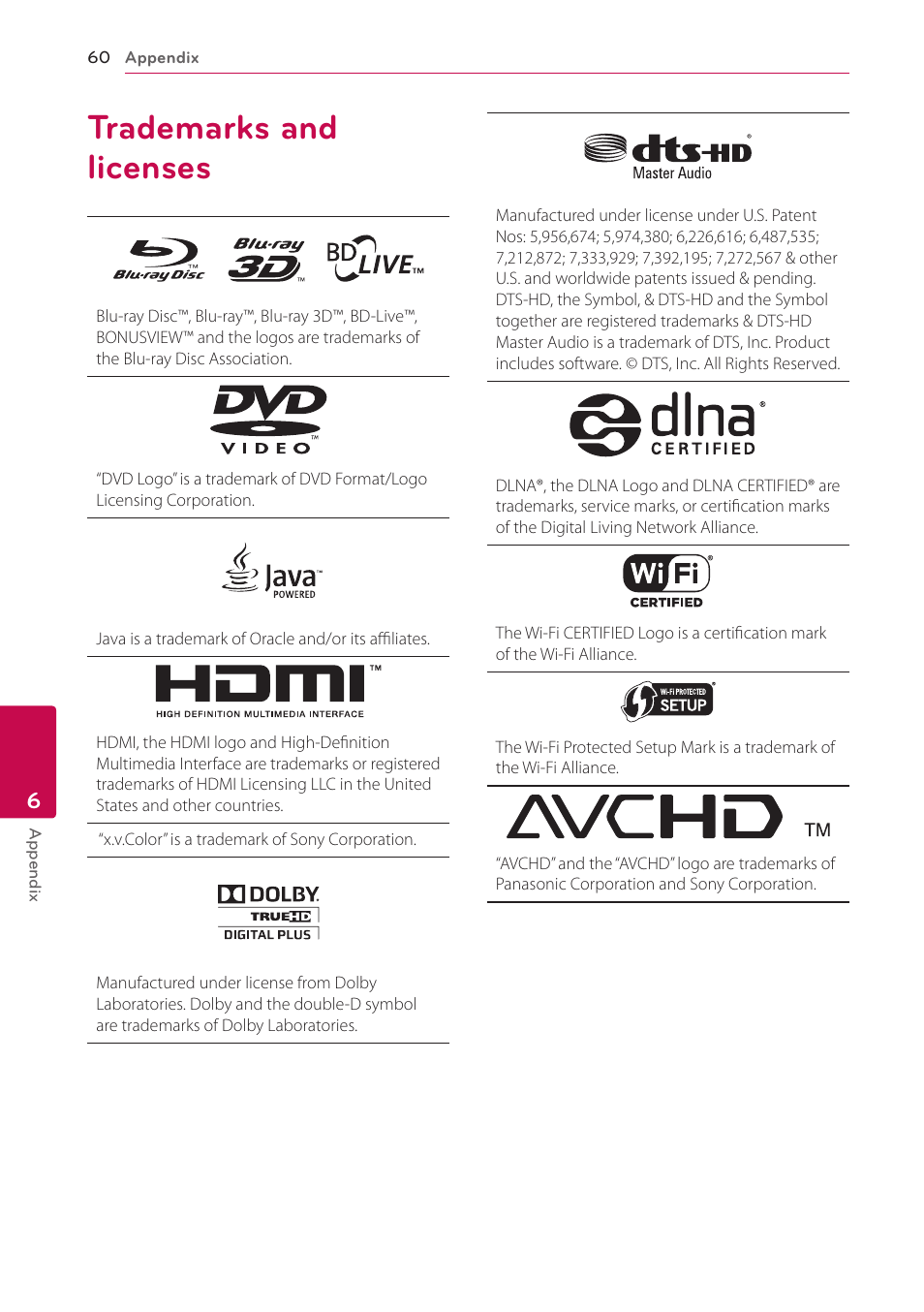 Trademarks and licenses, 60 trademarks and licenses | LG BP620 User Manual | Page 60 / 68