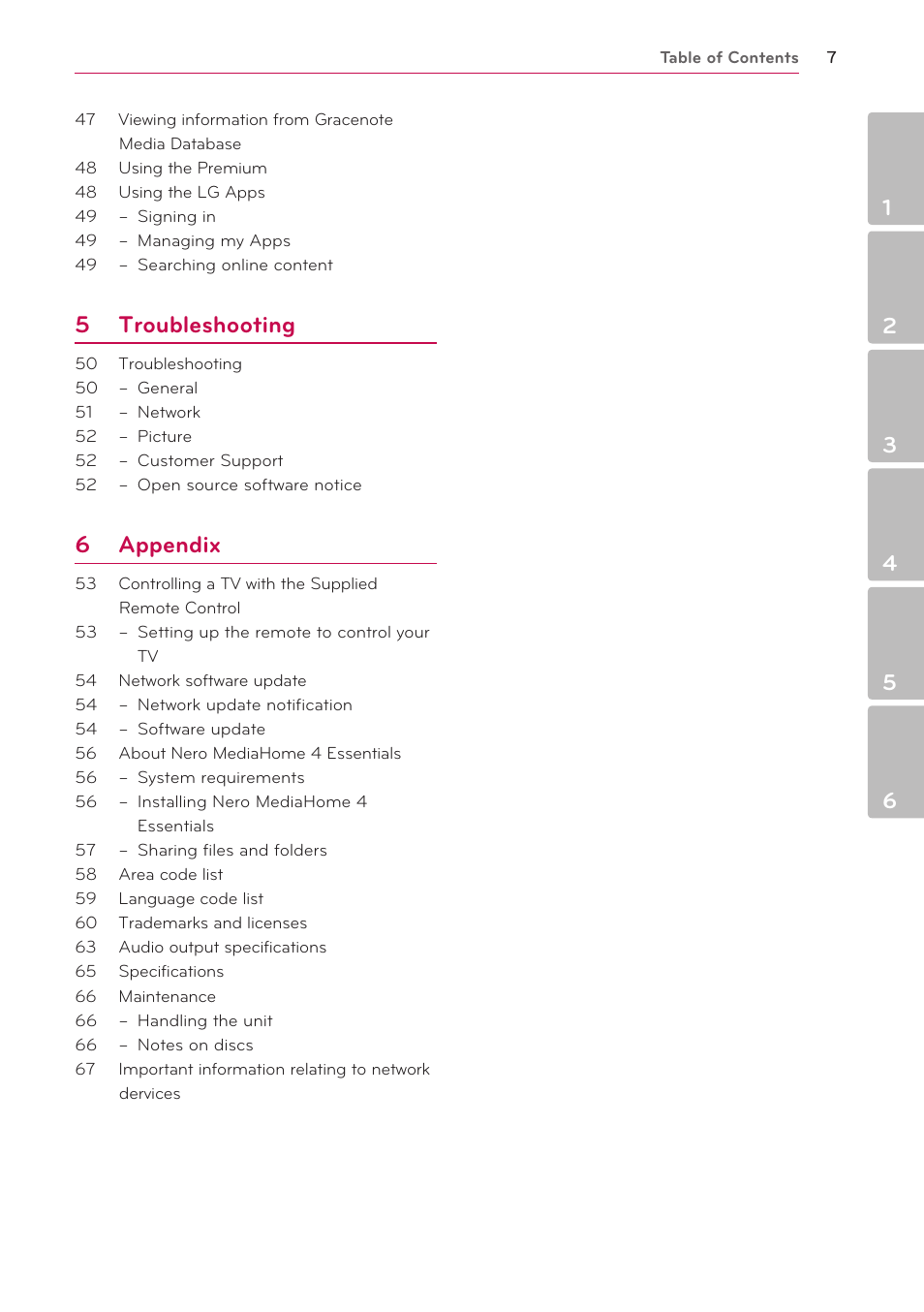 5 troubleshooting, 6 appendix | LG BP620 User Manual | Page 7 / 68