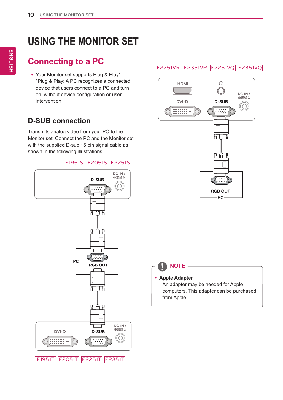 Using the monitor set, Connecting to a pc, D-sub connection | 10 connecting to a pc 10 | LG E2351T-BN User Manual | Page 10 / 30
