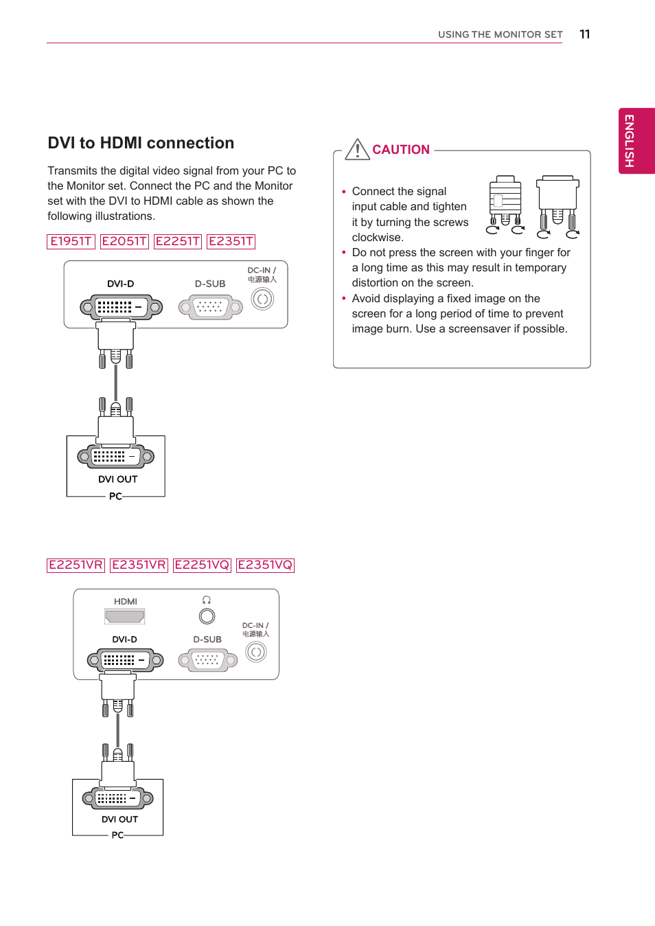 Dvi to hdmi connection | LG E2351T-BN User Manual | Page 11 / 30