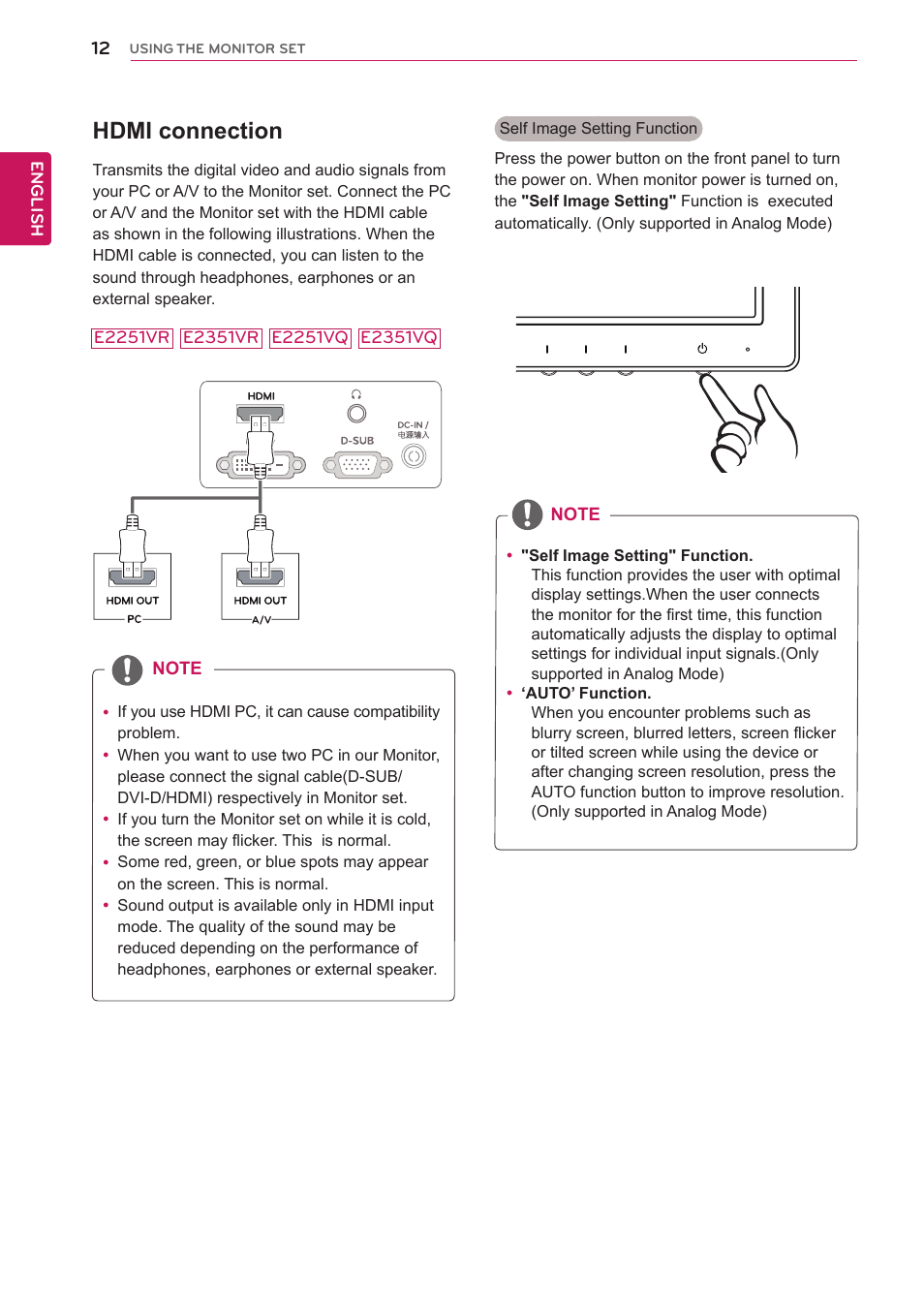 Hdmi connection | LG E2351T-BN User Manual | Page 12 / 30