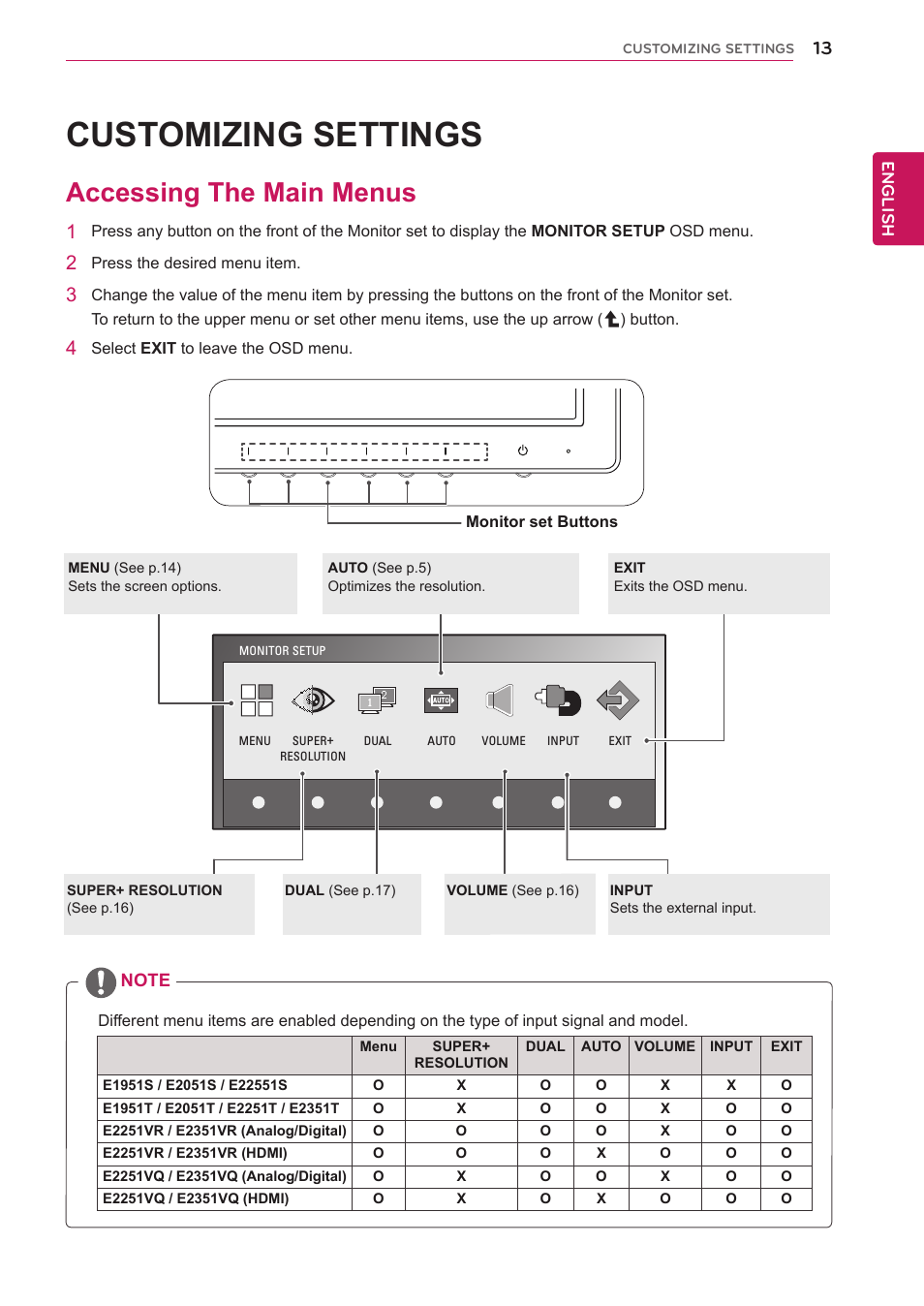 Customizing settings, Accessing the main menus, 13 accessing the main menus | LG E2351T-BN User Manual | Page 13 / 30