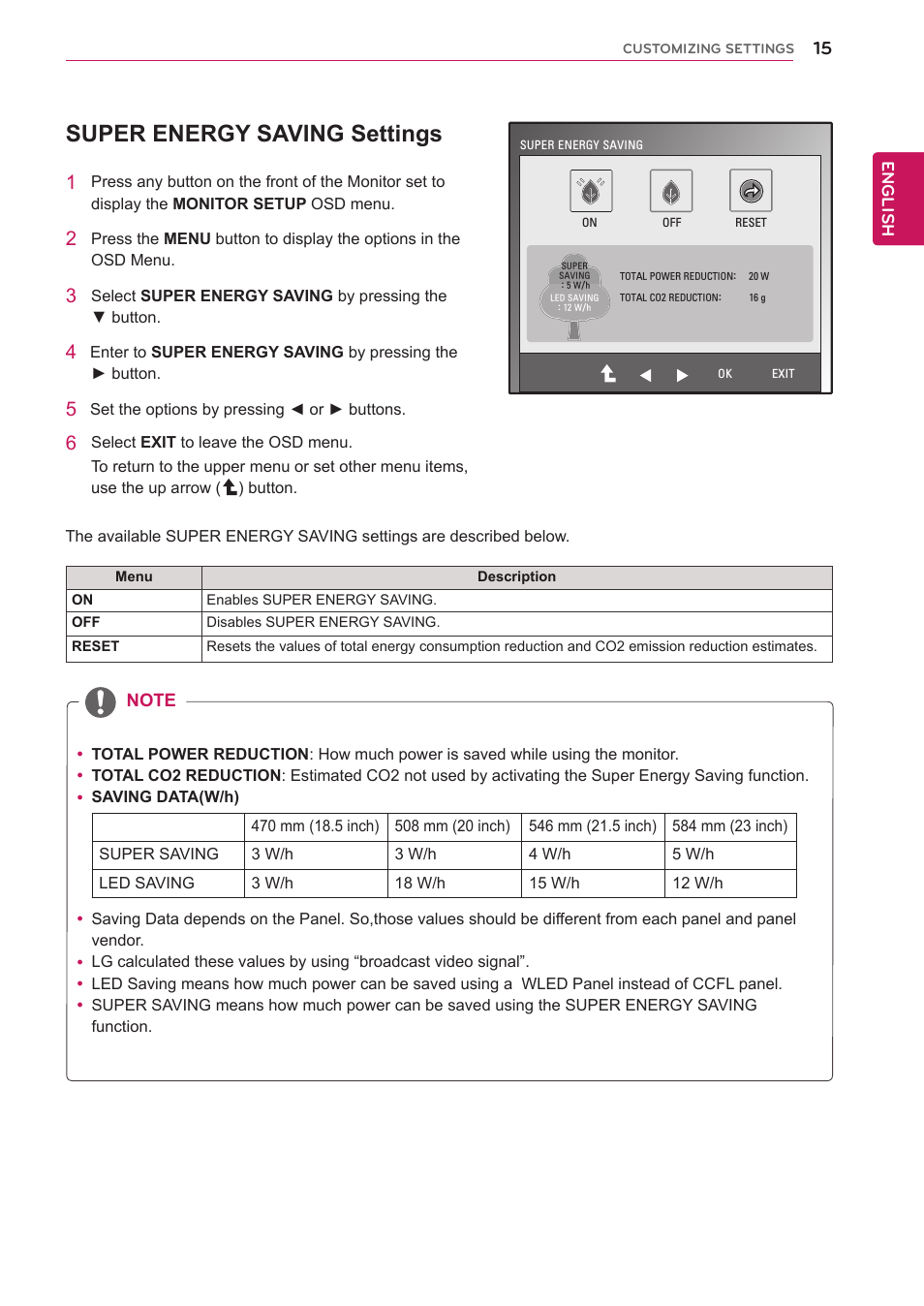 Super energy saving settings | LG E2351T-BN User Manual | Page 15 / 30