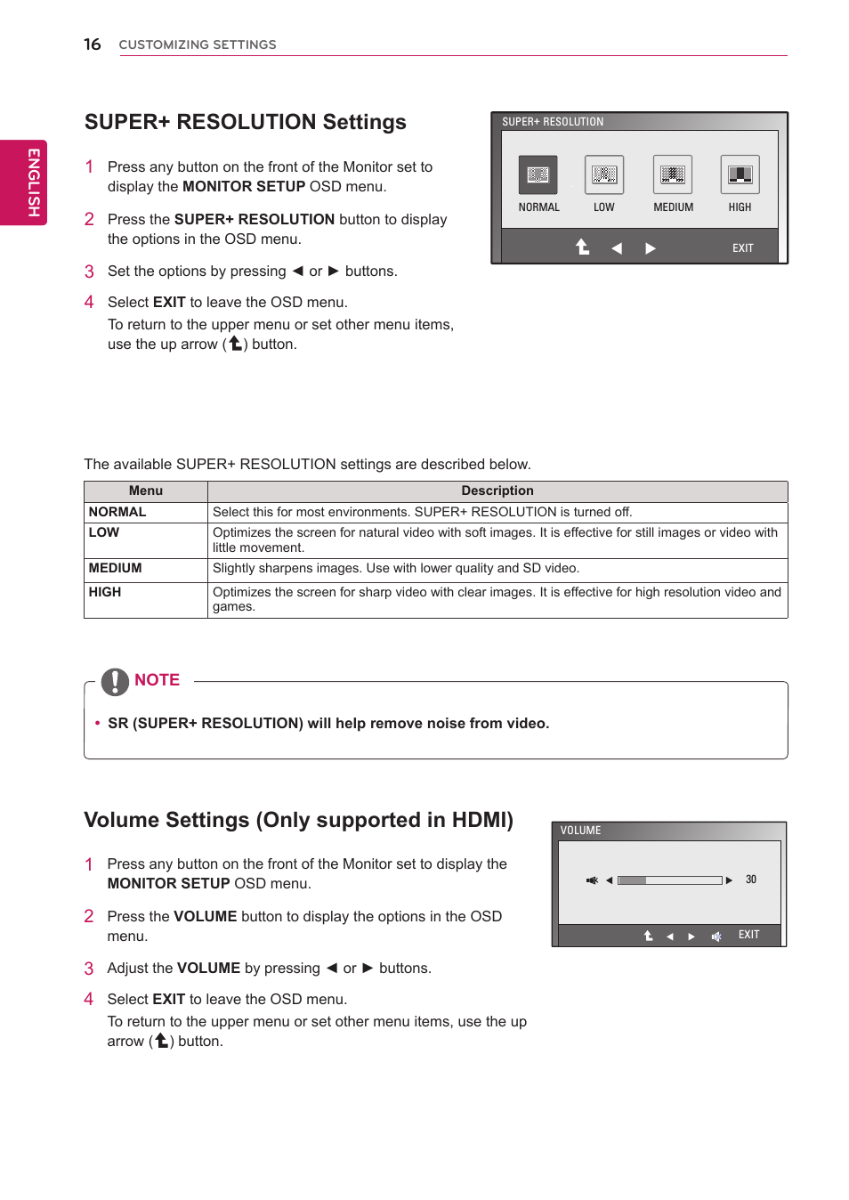 Super+ resolution settings, Volume settings (only supported in hdmi), Volume settings (only supported in | Hdmi), See p.16), Adjust the volume of the monitor set.(see p.16) | LG E2351T-BN User Manual | Page 16 / 30