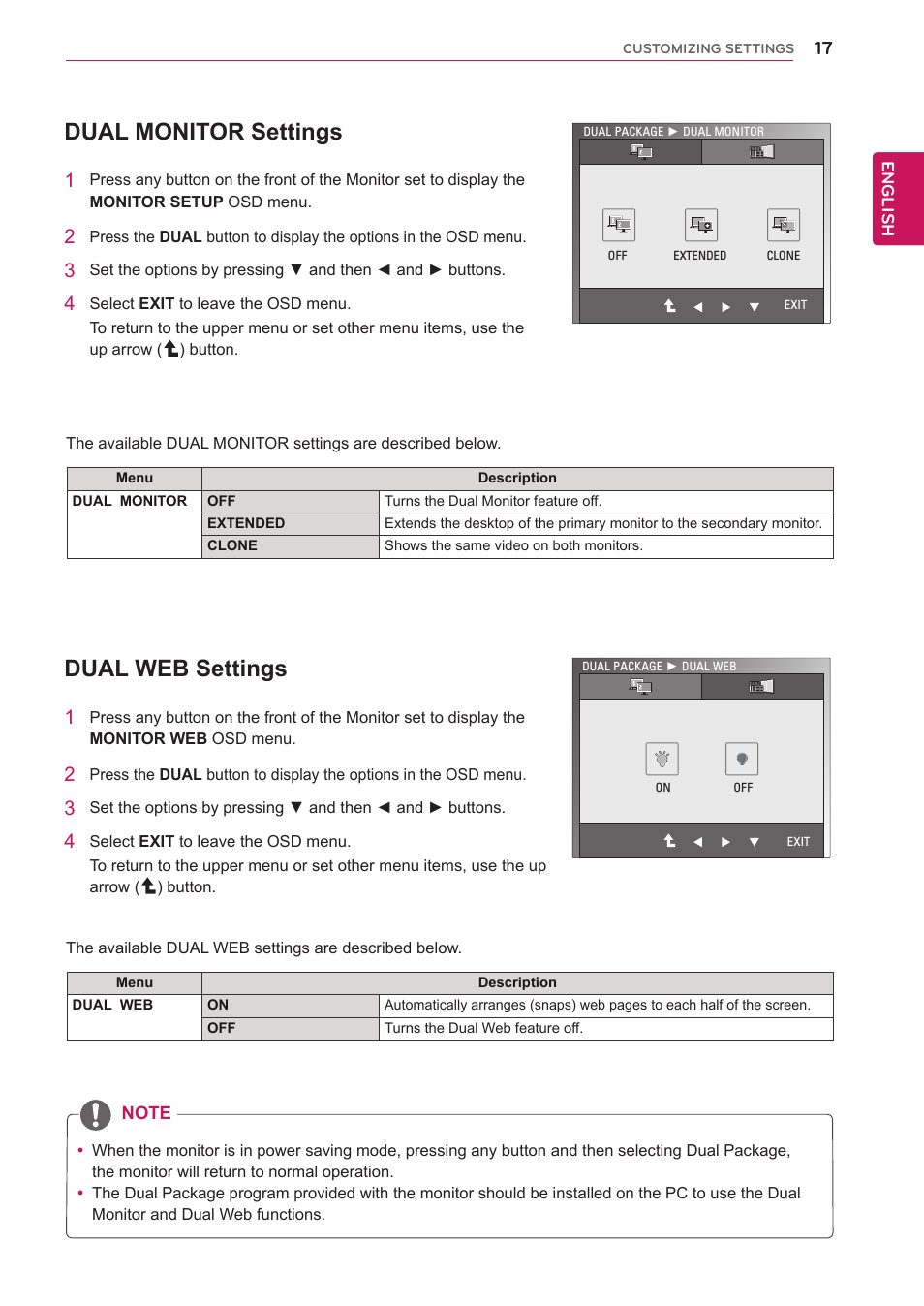 Dual monitor settings, Dual web settings, For more information.(see p.17) | See p.17) | LG E2351T-BN User Manual | Page 17 / 30