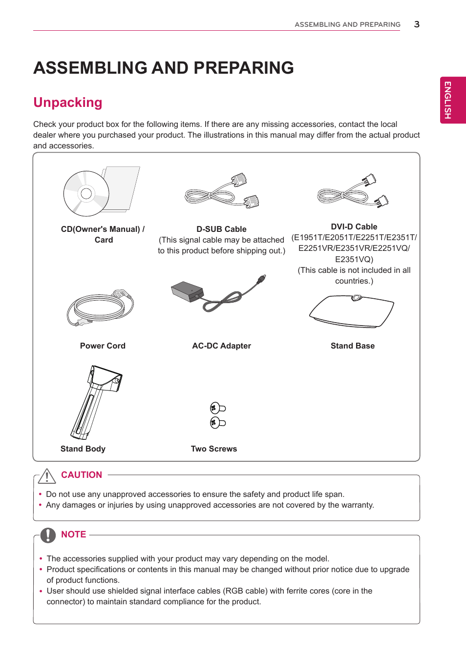 Assembling and preparing, Unpacking, Assembling and prepar | LG E2351T-BN User Manual | Page 3 / 30