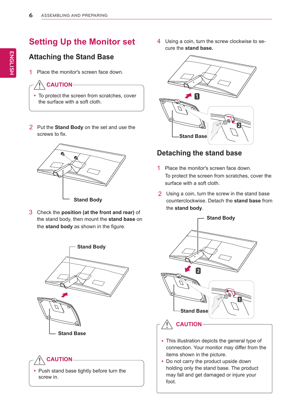 Setting up the monitor set, Attaching the stand base, Detaching the stand base | LG E2351T-BN User Manual | Page 6 / 30