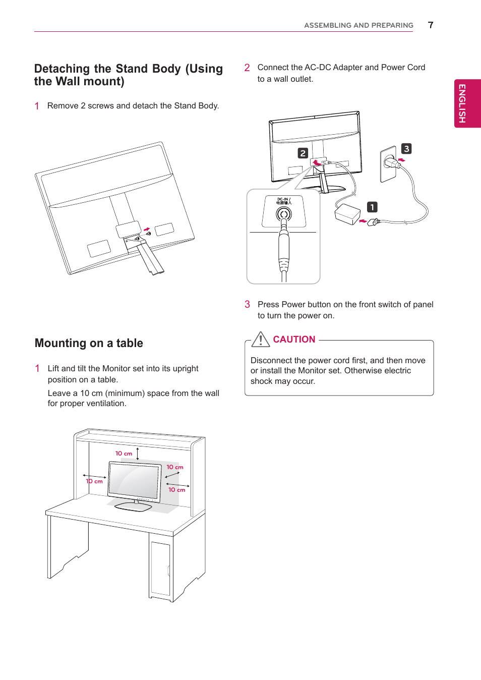 Detaching the stand body (using the wall mount), Mounting on a table, Detaching the stand body (using the | Wall mount) | LG E2351T-BN User Manual | Page 7 / 30