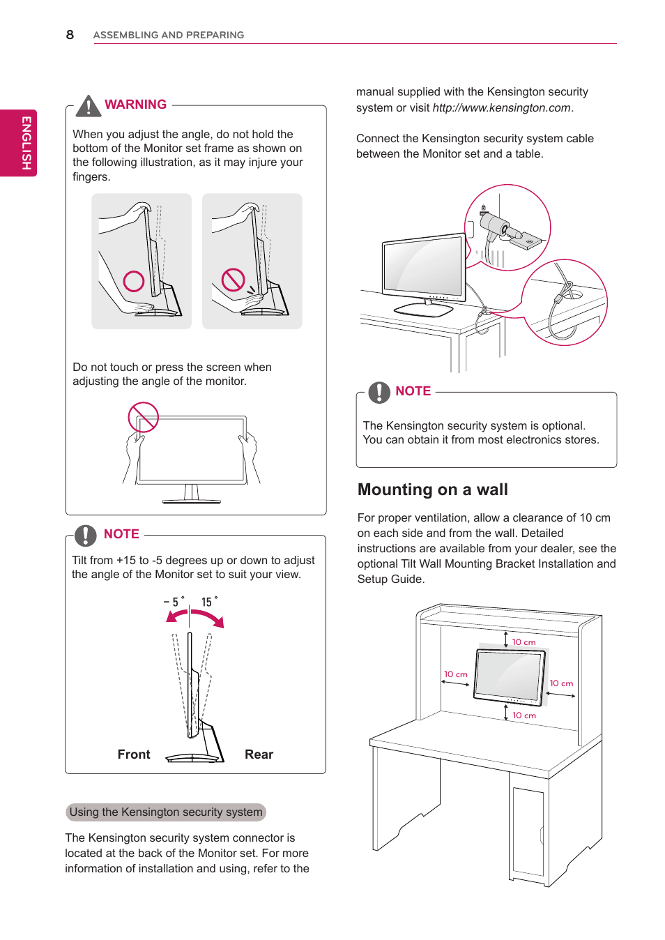 Mounting on a wall | LG E2351T-BN User Manual | Page 8 / 30