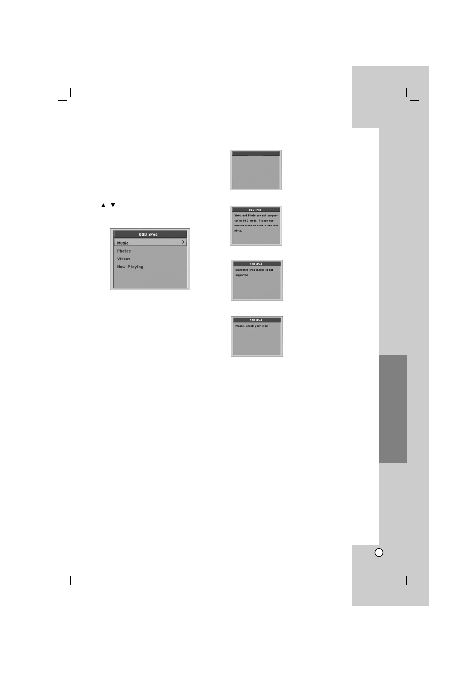 Playing the ipod in the osd ipod mode, Ipod message operation | LG LHT754 User Manual | Page 21 / 33