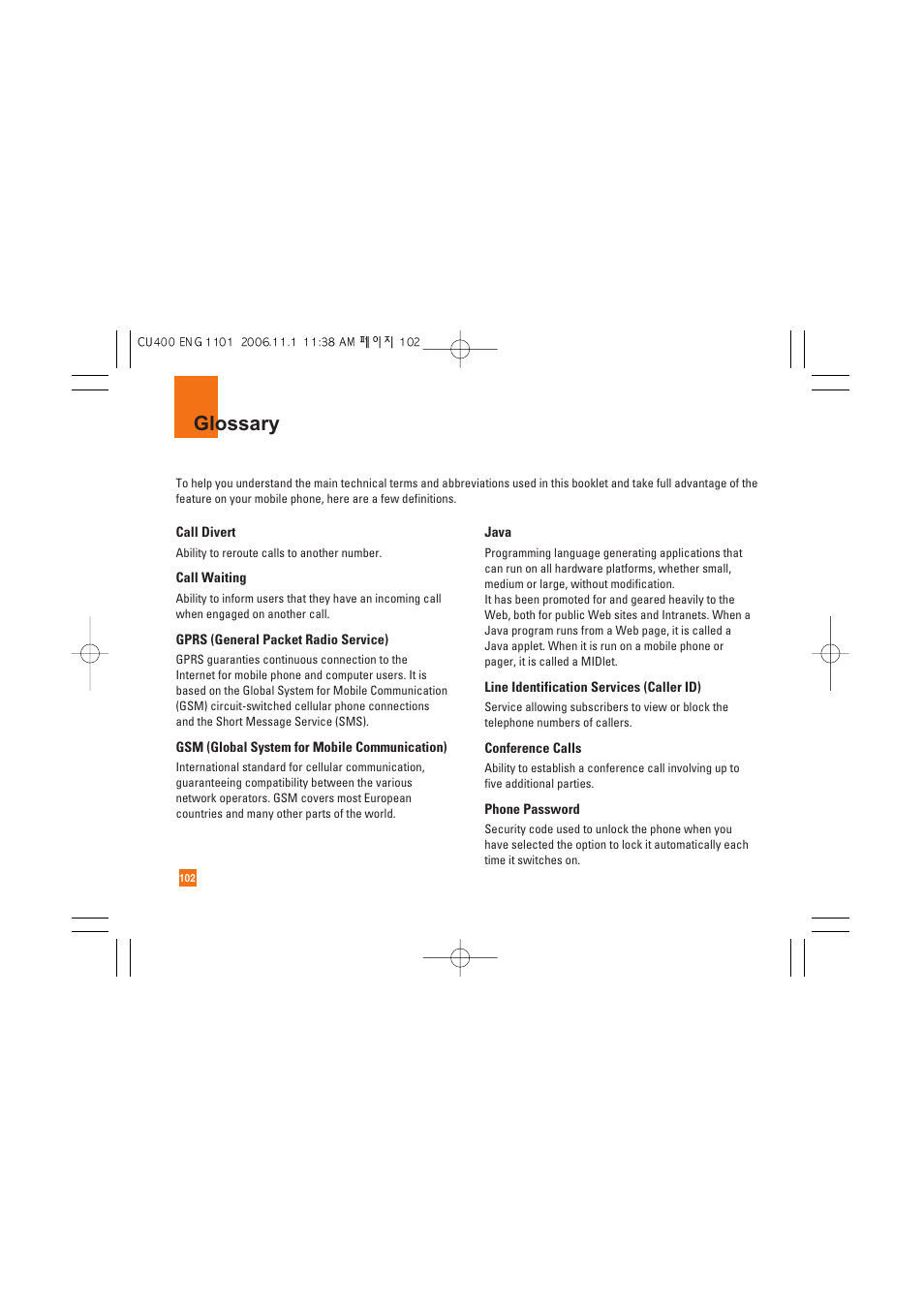 Glossary | LG CU400 User Manual | Page 106 / 230