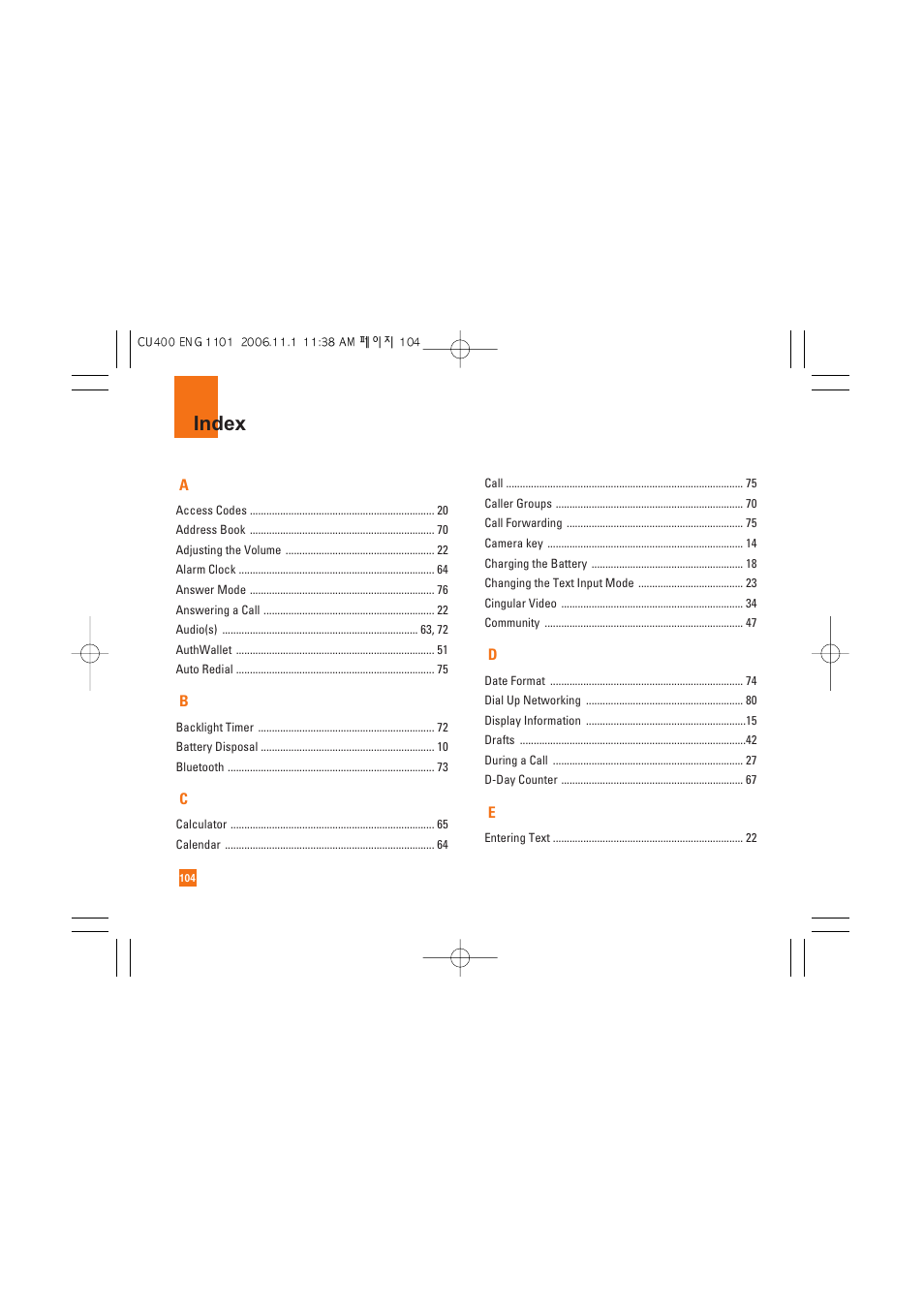 Index | LG CU400 User Manual | Page 108 / 230