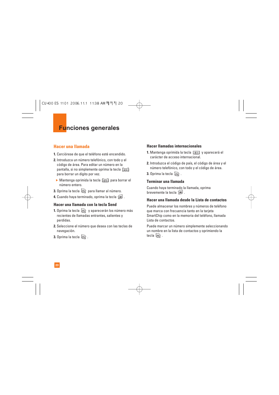 Funciones generales, Hacer una llamada | LG CU400 User Manual | Page 134 / 230