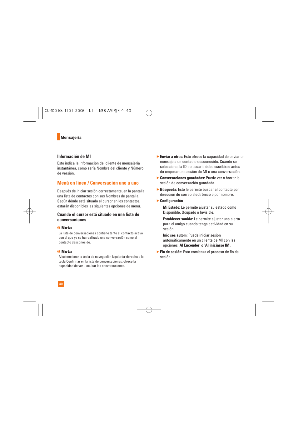 Menú en línea / conversación uno a uno | LG CU400 User Manual | Page 154 / 230