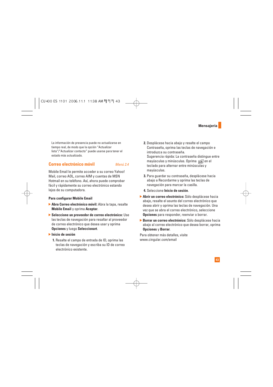 Correo electrónico móvil | LG CU400 User Manual | Page 157 / 230