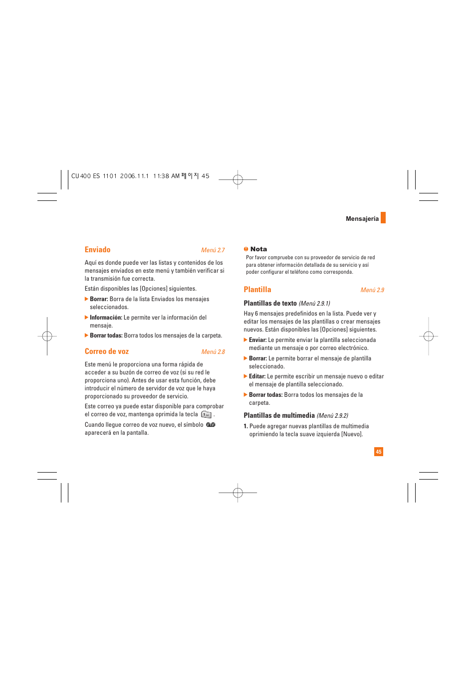 Enviado, Correo de voz, Plantilla | LG CU400 User Manual | Page 159 / 230