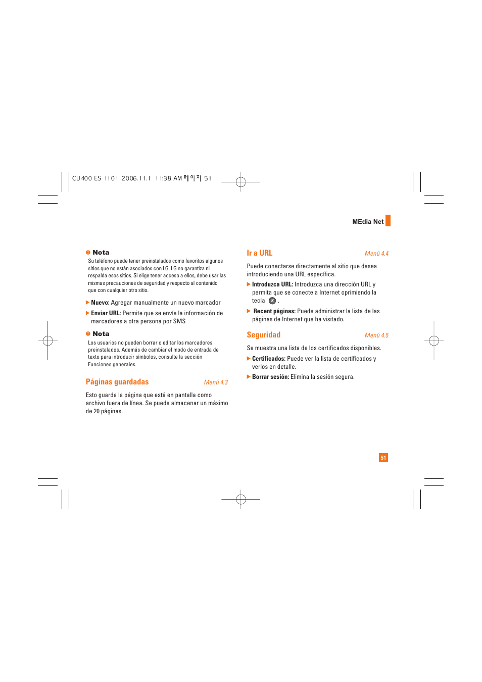 Páginas guardadas, Ir a url, Seguridad | LG CU400 User Manual | Page 165 / 230