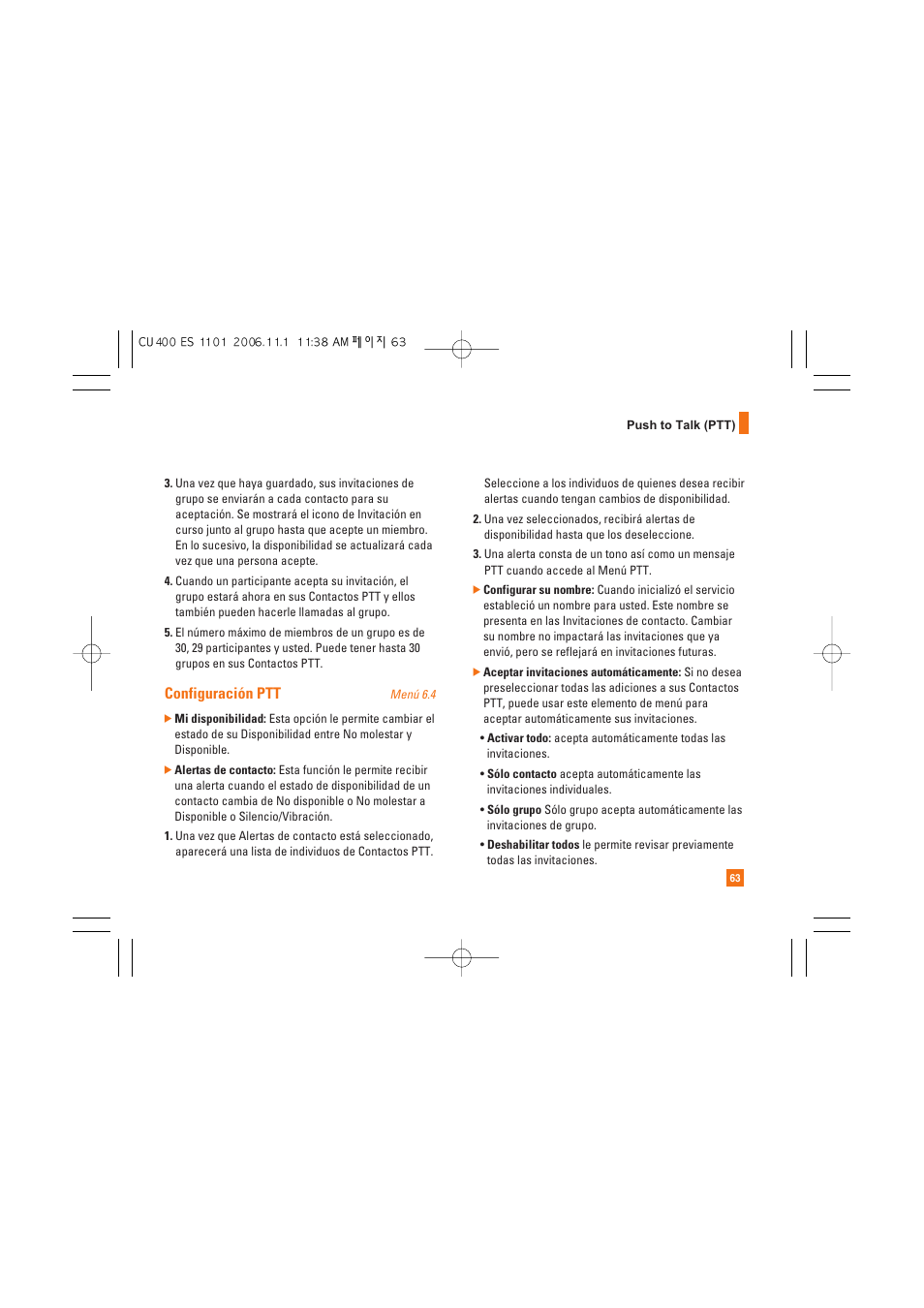 Configuración ptt | LG CU400 User Manual | Page 177 / 230