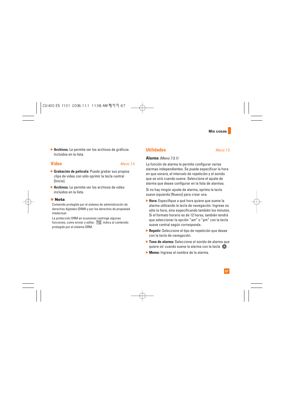 Video, Utilidades | LG CU400 User Manual | Page 181 / 230