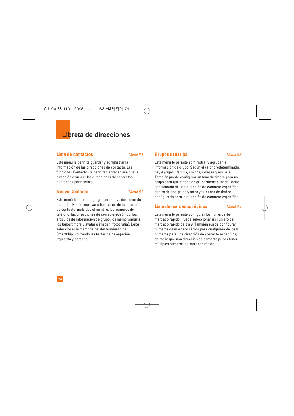 Libreta de direcciones | LG CU400 User Manual | Page 188 / 230