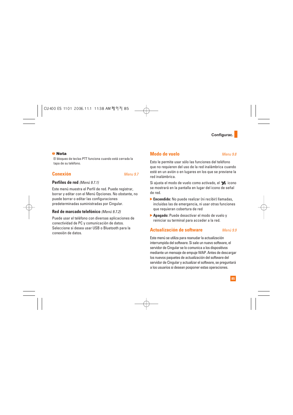 Conexión, Modo de vuelo, Actualización de software | LG CU400 User Manual | Page 199 / 230