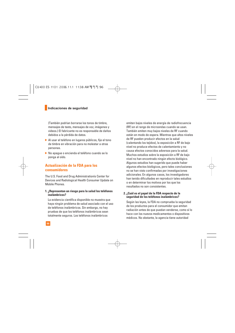 Actualización de la fda para los consumidores | LG CU400 User Manual | Page 210 / 230