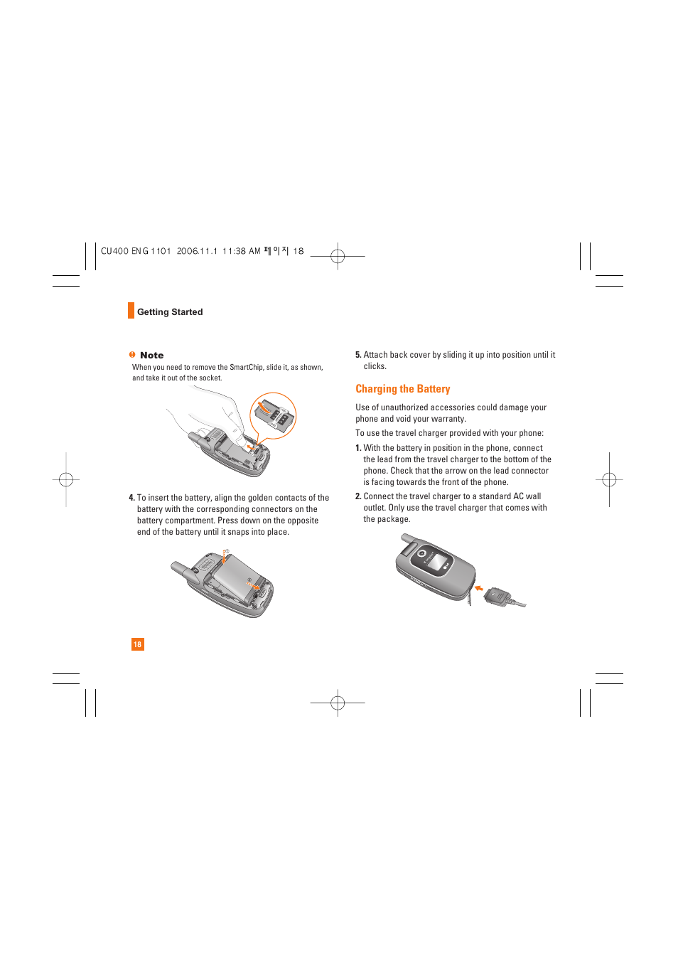 Charging the battery | LG CU400 User Manual | Page 22 / 230